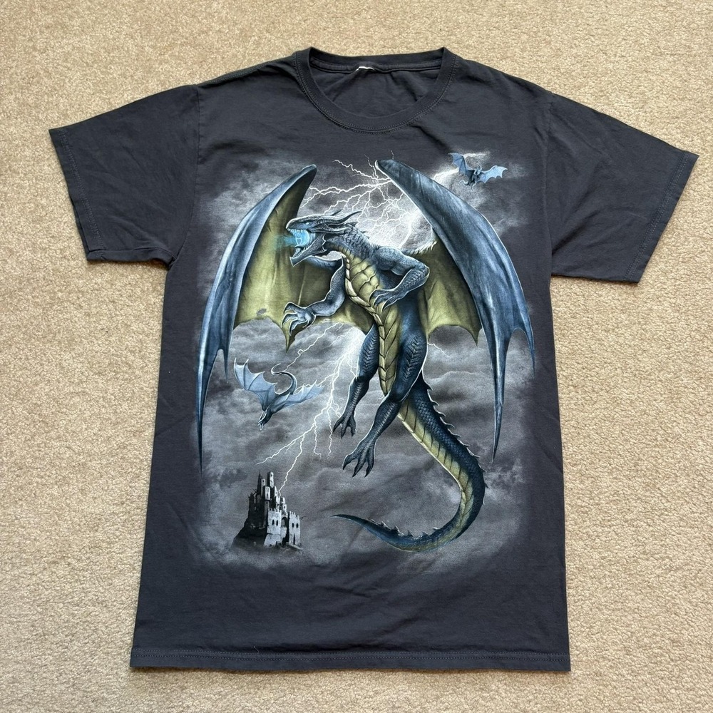 Dragon Fantasy Shirt‎ Mens Small Black Lightning Storm Castle Graphic Tee
